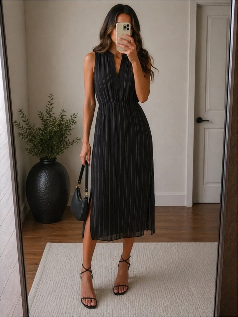 Vince Drapey Stripe Tiered Dress in Black